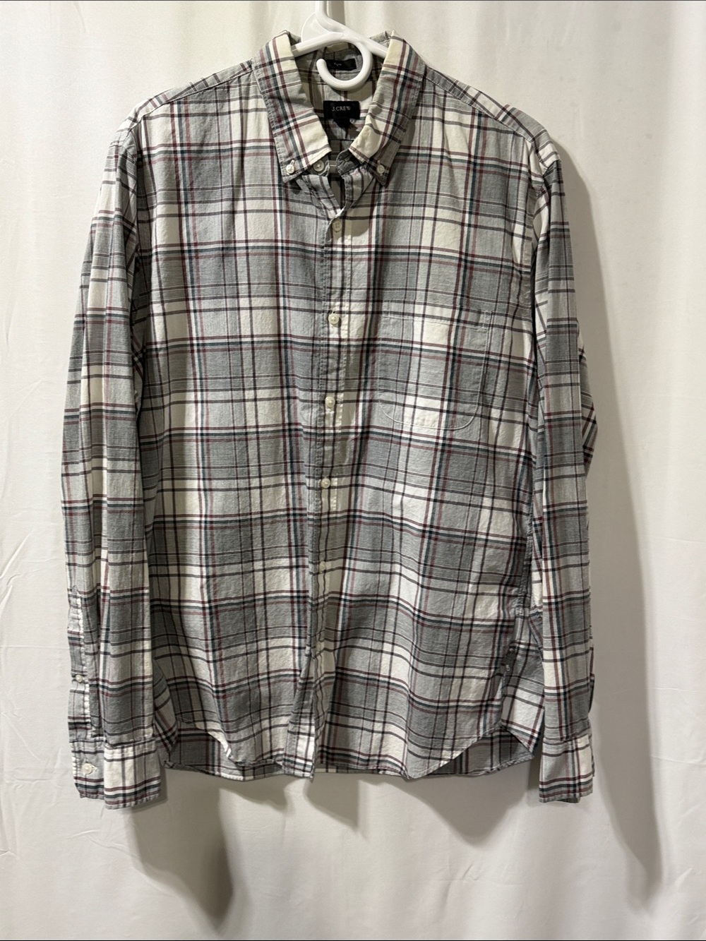 J. Crew Men's White, Gray and Red Plaid Button-Down Shirt, slim fit.